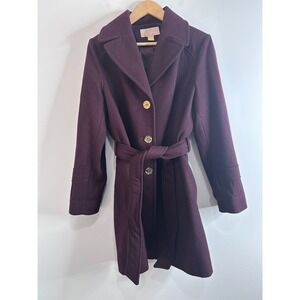 Michael Kors Plum Purple Wool Blend Belted Trench Pea Coat Sz 12 Gold Buttons